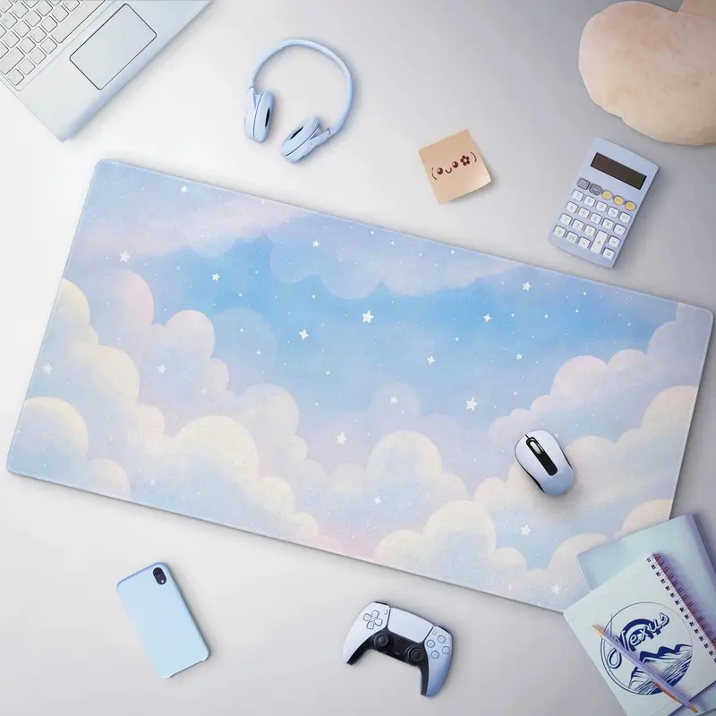 Cute Pastel Clouds Mousepad Kawaii Blue & White Starry Sky Desk Mat Large Gaming Mat Minimalist Office Decor Cozy And Dreamy Aesthetic