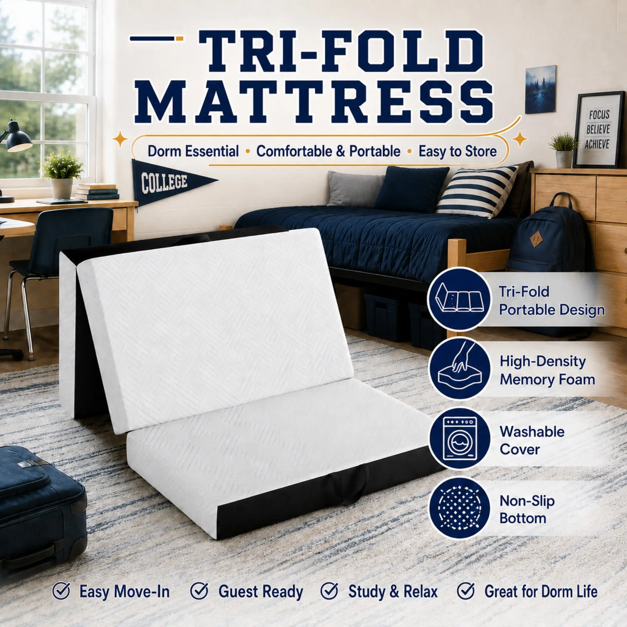 ORHOPUI High-Resilience Foam 4/6 Inch Tri-Fold Mattress, Portable Folding Floor Mattress for College Dorm, Dorm Room, Apartment, Sleepovers, Small Spaces & Back to School