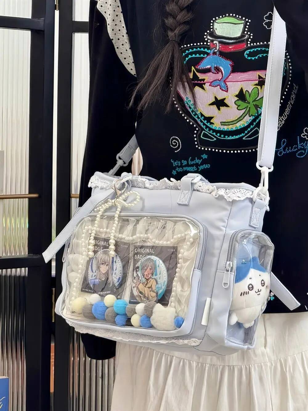 Japanese Sweet Women Ribbon Ita Bag Fashion Large Capacity Tote Bag Aesthetic Shoulder Bag Cute Lolita Girl Transparent Handbags