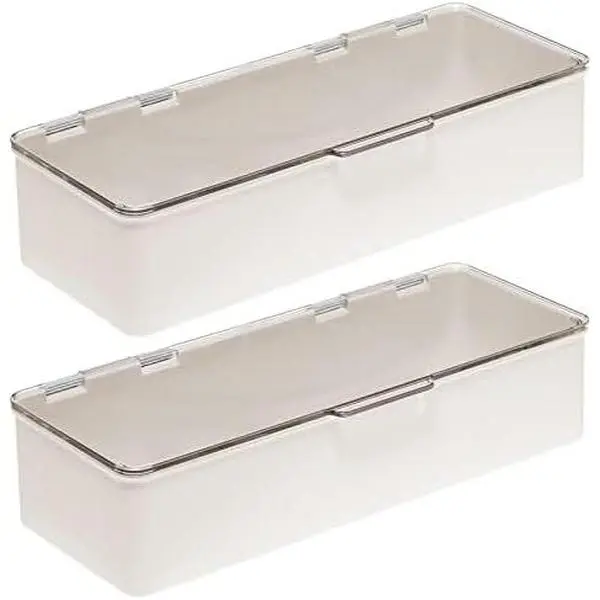 Long Plastic  Storage Organizer Box Containers, Hinged Lid for Bedroom, Bathroom  Shelf or Cabinet, Holds , Palettes, Lotion,  Polish, 2 Pack, Cream/Beige/Clear
