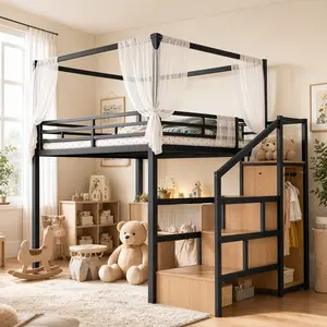 Full Size ARCH Metal Canopy Full Loft Bed with Storage Stairs, Drawers, Wardrobe & Hanging Closet - Heavy Duty Black, Space-Saving for Kids & Teens, Ideal for Apartment Decorating
