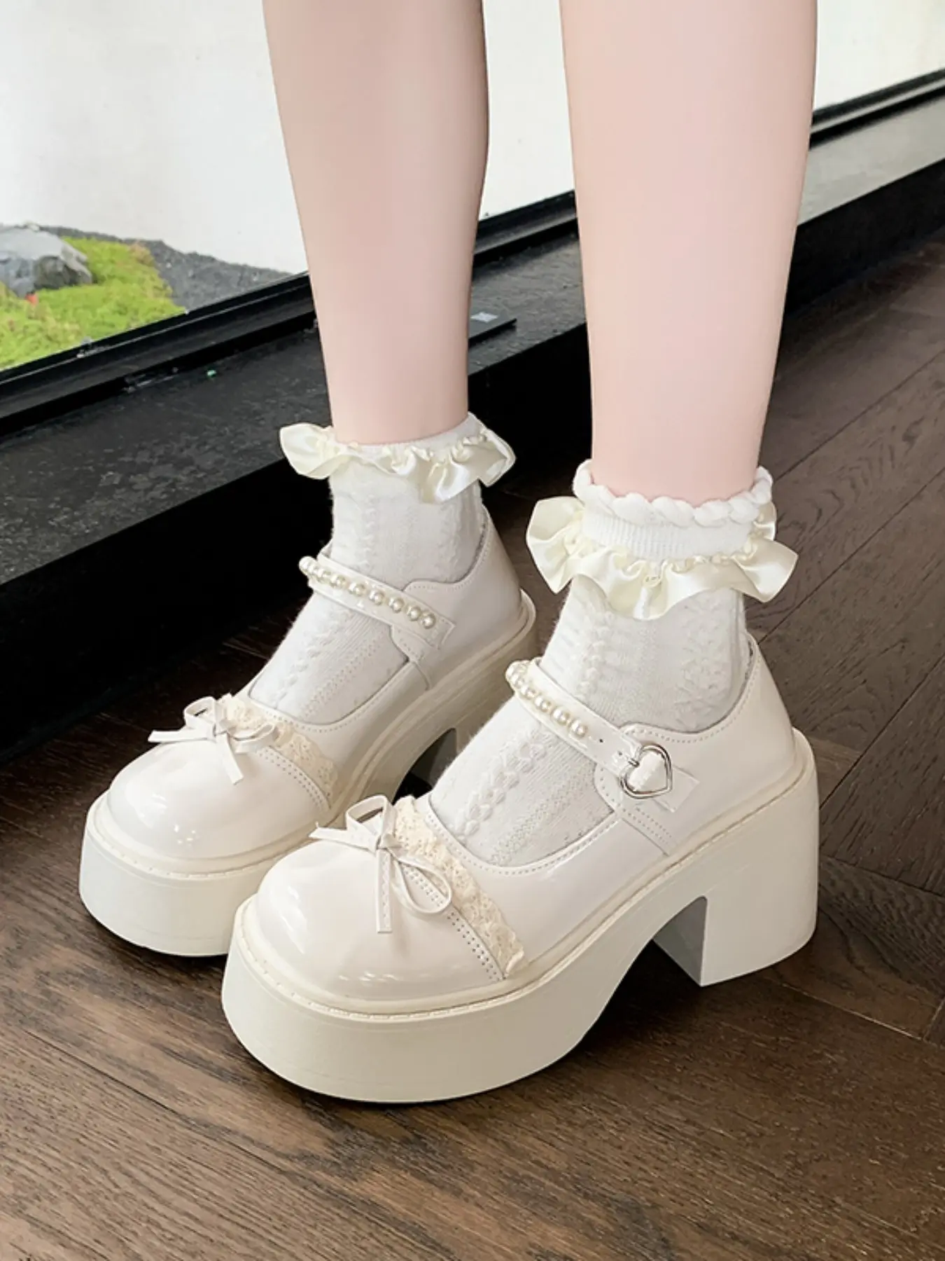 Sweet Lolita Pearl Thick Sole Classic Mary Jane Shoes, Lace Bow Heeled Sandals, Cute Jk Uniform Girl Skirt Shoes, Bow Decorated Shoes, With Lace