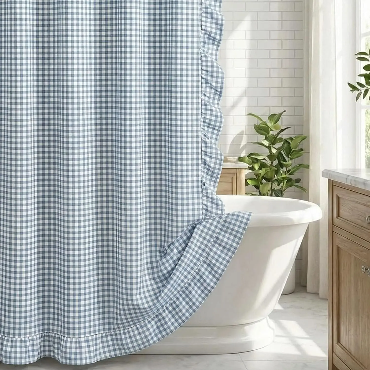 Ruffled Gingham Shower Curtain 72 x 72 Inch Dust Blue Cotton Vintage Farmhouse Rural Plaid Shower Curtain with 12 Hooks for Bathroom Bathtubs Decor