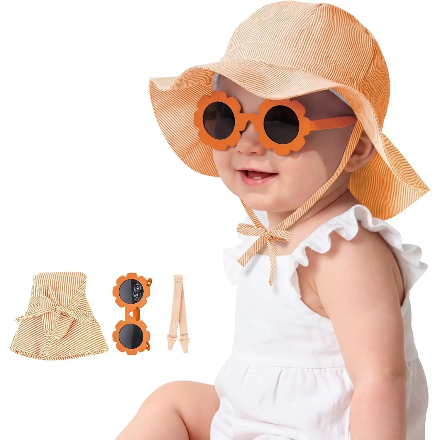 UPF50+ Baby Sun Hat and Sunglasses - Wide Brim Summer Beach Sun Protection Hat for Newborn Toddler Boys Girls(Gift)