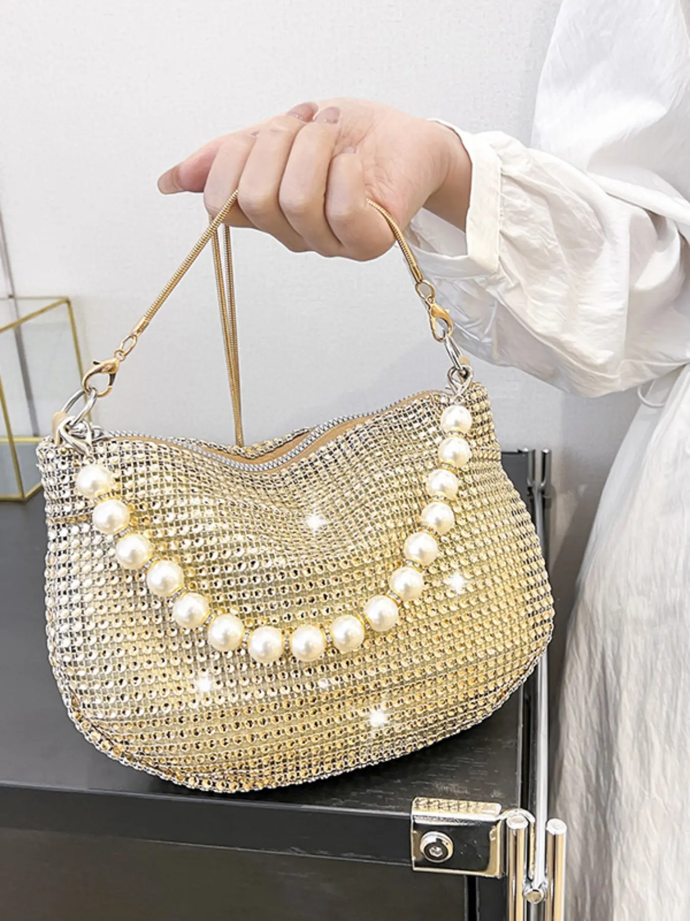 Rhinestone Pearl Chain Shoulder Bag, Sparkly Crystal Mesh Hobo Purse with Pearl Handle, Full Diamond Evening Underarm Bag for Women, Glitter Crossbody Handbag for Party, Wedding, Cocktail & Special Occasions, Bling Handbag