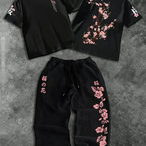 Men's Japanese Cherry Blossom Floral Print Short Sleeve Top and Wide Leg Sweatpants Two-Piece Set, Casual Streetwear