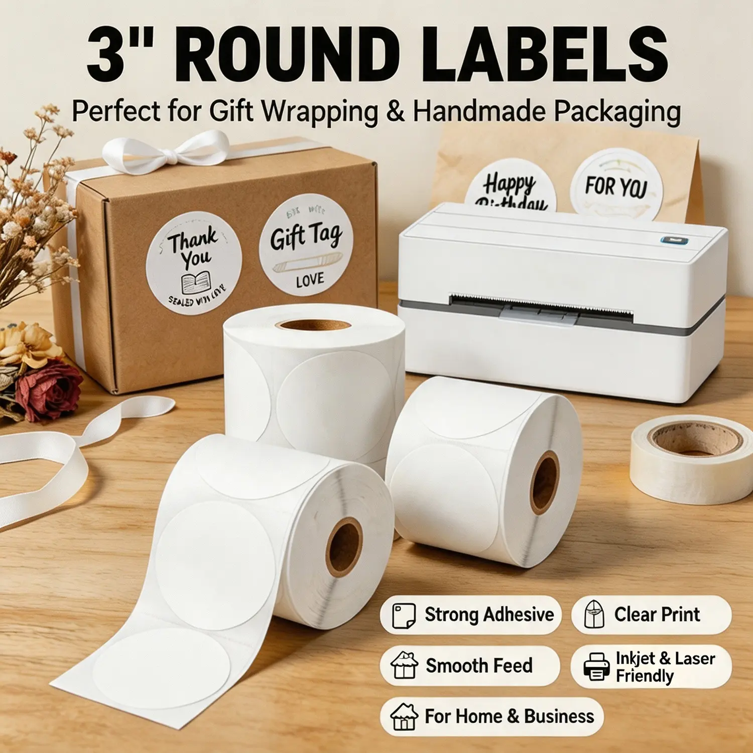 3-inch White Blank Round Paper Label Rolls, Self-Adhesive Editable Thermal-Printable Inkjet/Laser Label Printing Stickers for Home/Business Gift Wrapping, Shipping Seals (3-Roll Pack), Peel-Off