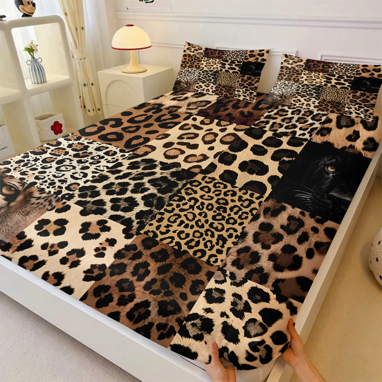 Multi-tone Spliced Leopard Print & Black Panther Portrait Print Fitted Sheet Set, Include 1 Bedcap and 2 Pillowcases, Retro Wild Animal Fur Texture Elastic Deep Pocket Mattress Cover, Stretch Non-slip Dustproof Bedspread