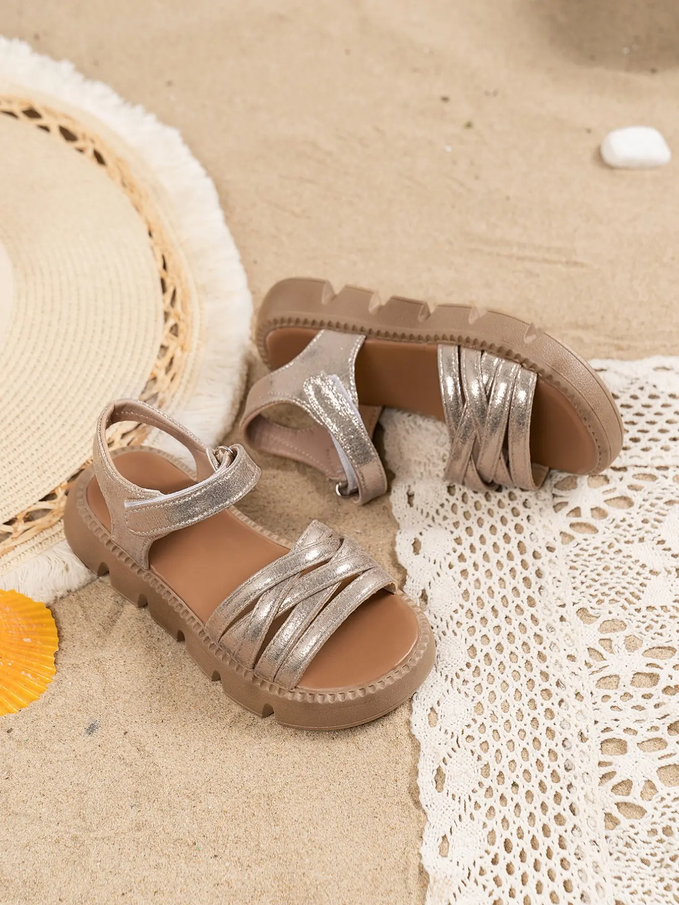 Champagne Color Cross Strap Velcro Kids Sandals, Non-Slip Soft Sole, Open-Toe Beach Shoes, Summer Outdoor Holiday Gifts