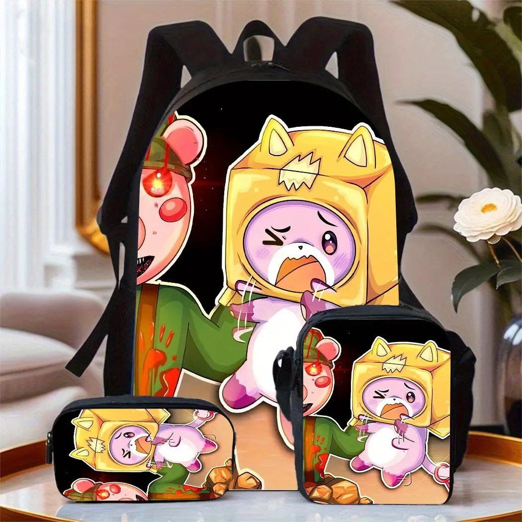 LankyBox horror-themed cartoon character black three-piece school bag set includes a backpack, insulated lunch bag, and stationery storage bag for daily use by teenagers
