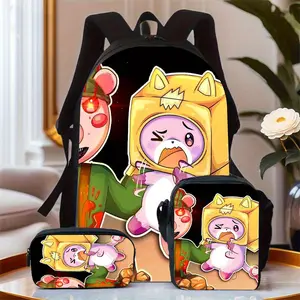 LankyBox horror-themed cartoon character black three-piece school bag set includes a backpack, insulated lunch bag, and stationery storage bag for daily use by teenagers