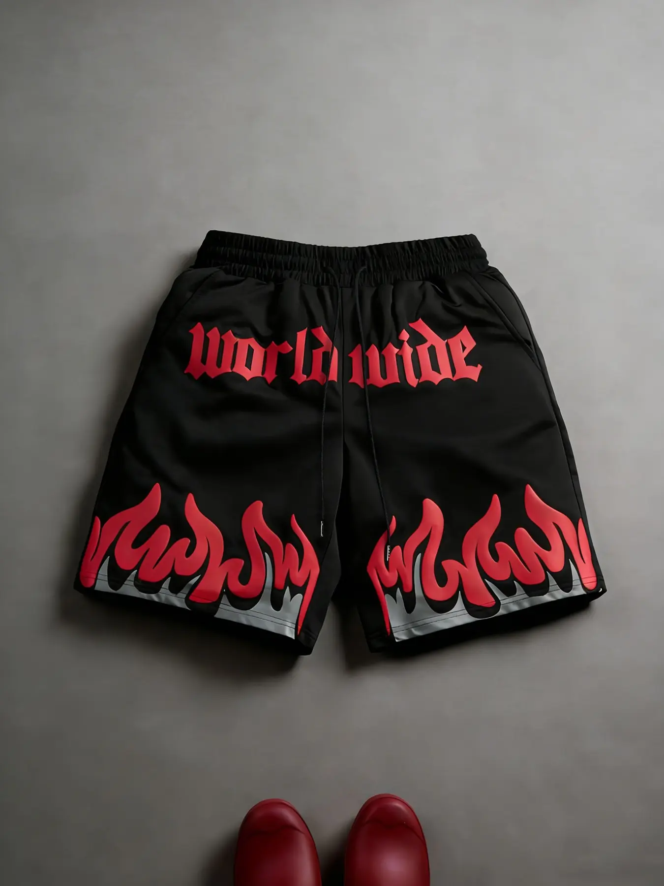 Dark Streetwear Gym Shorts, Elastic Drawstring Loose Fit, Gothic Letter Flame Print, Block, Trendy Street Style