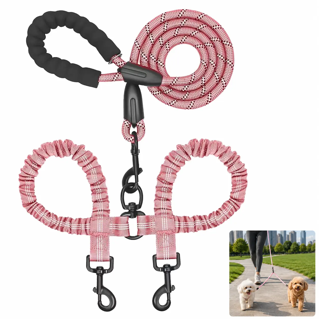 Pink Reflective Elastic Nylon Retractable Dual-Lead Dog Leash, Heavy-Duty Anti-Tangle Double-Head Walking Lead for Medium/Large Dogs, Pet Supplies