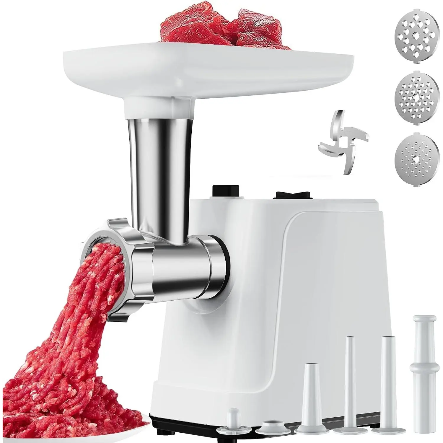2500W Max Electric Meat Grinder & Sausage Stuffer - Heavy Duty Mincer Machine Anti-Slip with1 Blade And 3 Plates, 3 Tubes & Kubbe Kit BPA Free for Home Kitchen Use(White)