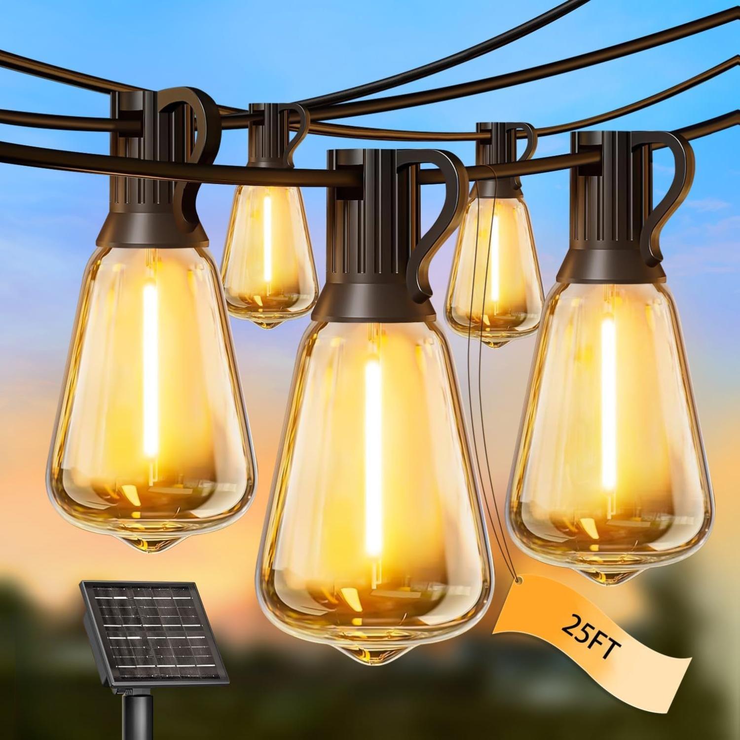 Solar String Lights Outdoor Waterproof with Remote & Timer, LED Shatterproof ST38 Bulbs, USB & Solar Powered Patio Lights for Backyard, Porch, Garden, Wedding, Christmas Decor (25FT)