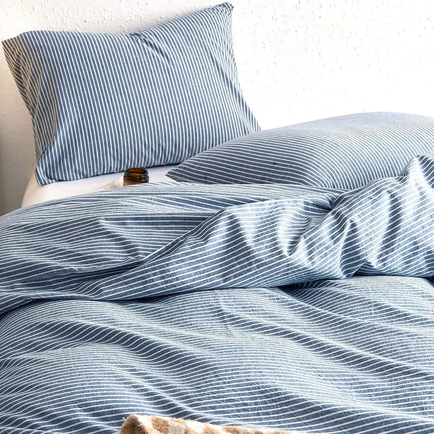 Striped Cotton Duvet Cover Set, 100% Washed Cotton Textured Bedding Set, Ticking Stripe Pinstripe Farmhouse, 3 Pieces, Denim Blue, Full Size