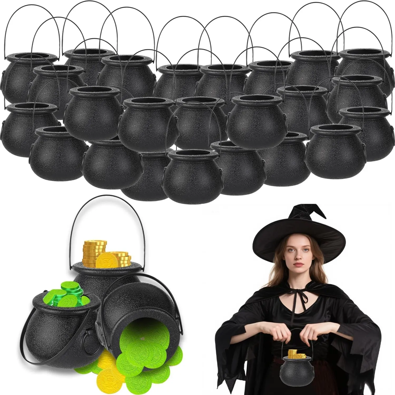 24pcs Mini Plastic Cauldrons with Handle Multi-purposed Candy Holder for Halloween & St. Patrick’s Day Party Favors Decor