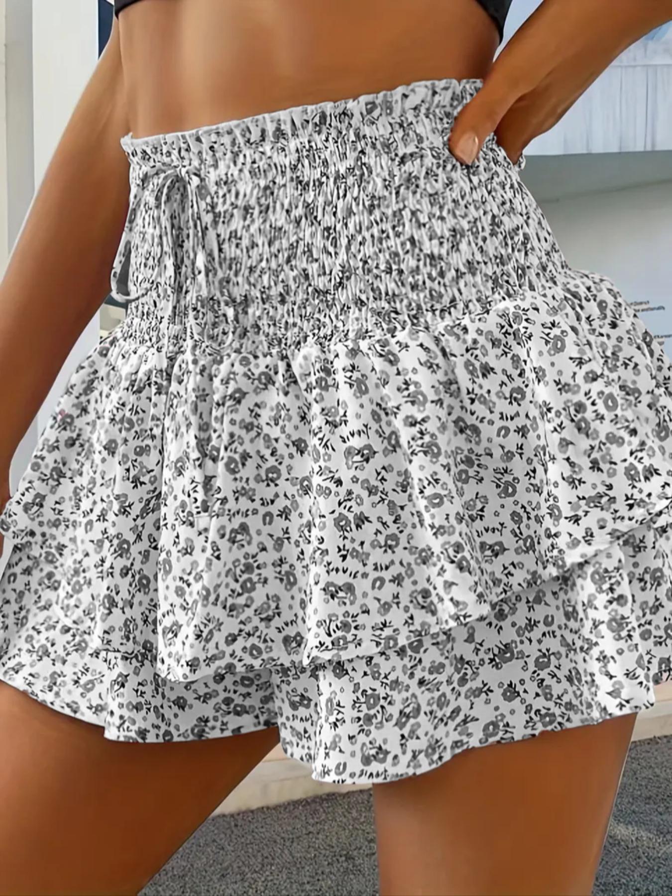 Women's Floral Print Woven Frill Trim Shirred Tiered Layer Shorts, Casual Loose High Waist Tie Front Drawstring Wide Leg Shorts for Spring & Fall, Women's Bottoms for Daily Wear
