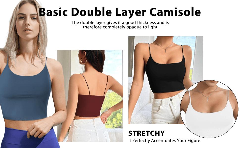 Women's 2-Pack Stretchy Cropped Cami Tops-Spaghetti Strap, Sleeveless, Short, Leak-Proof Camisole, Minimalist Basic Casual Summer Daily Wear
