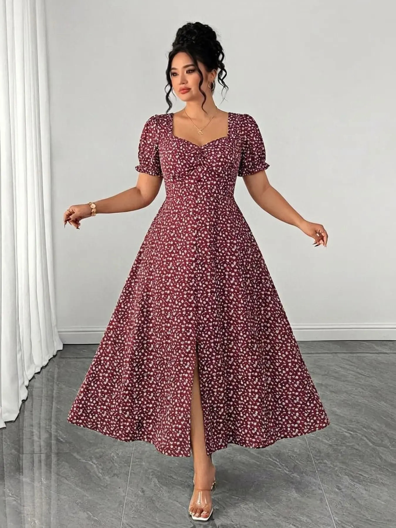 Plus Size Floral Print Square Neck Long Dress, Elastic Waist, Casual Style, Perfect for Daily Wear, Parties, Corporate Events