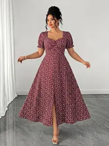 Plus Size Floral Square Neck Long Dress, Elastic Waist, Casual Style, Perfect for Daily Wear, Parties, Corporate Events