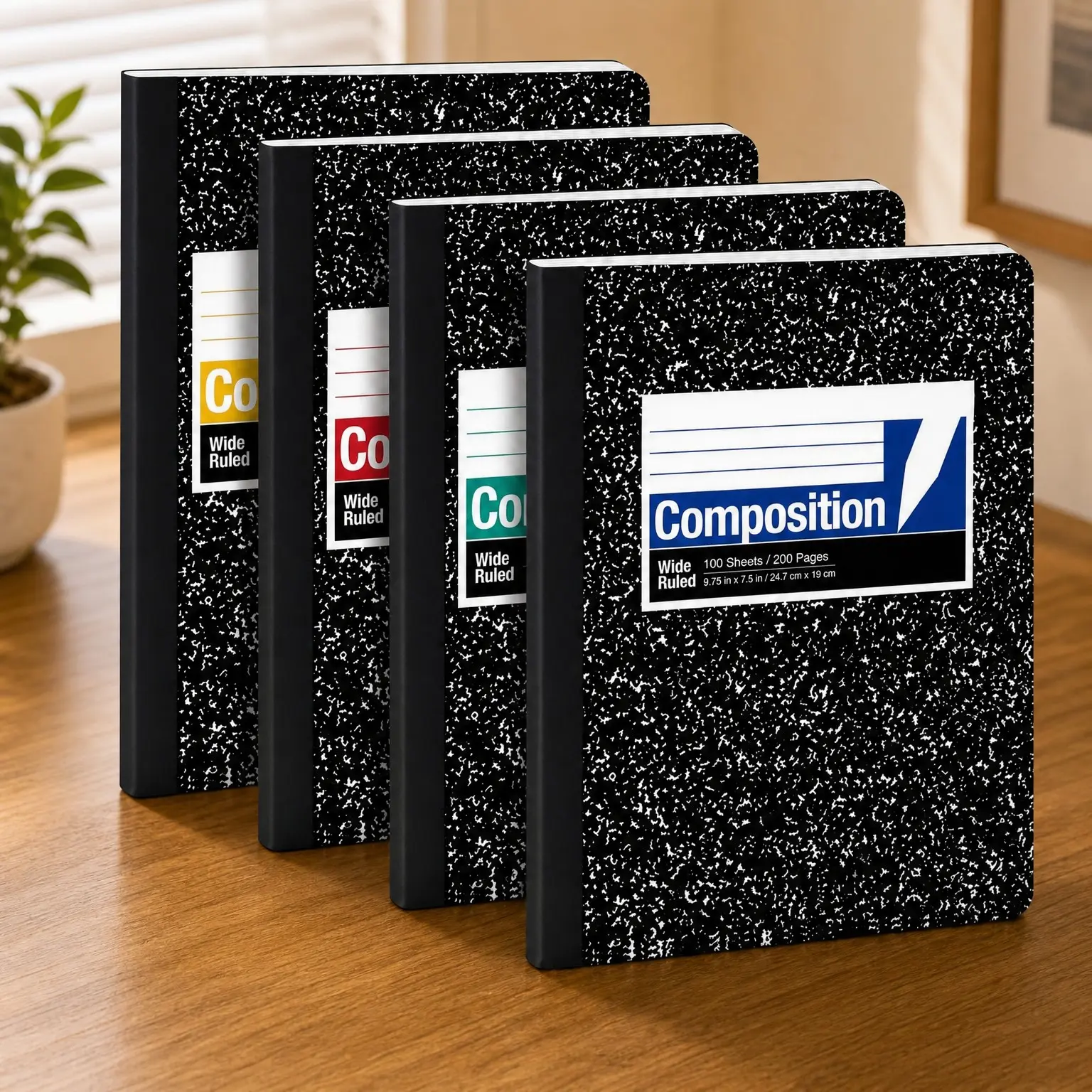 Composition Notebooks 4 Pack, Wide Ruled, 9-3/4" x 7-1/2", Black Marble Cover, 100 SheetsGift