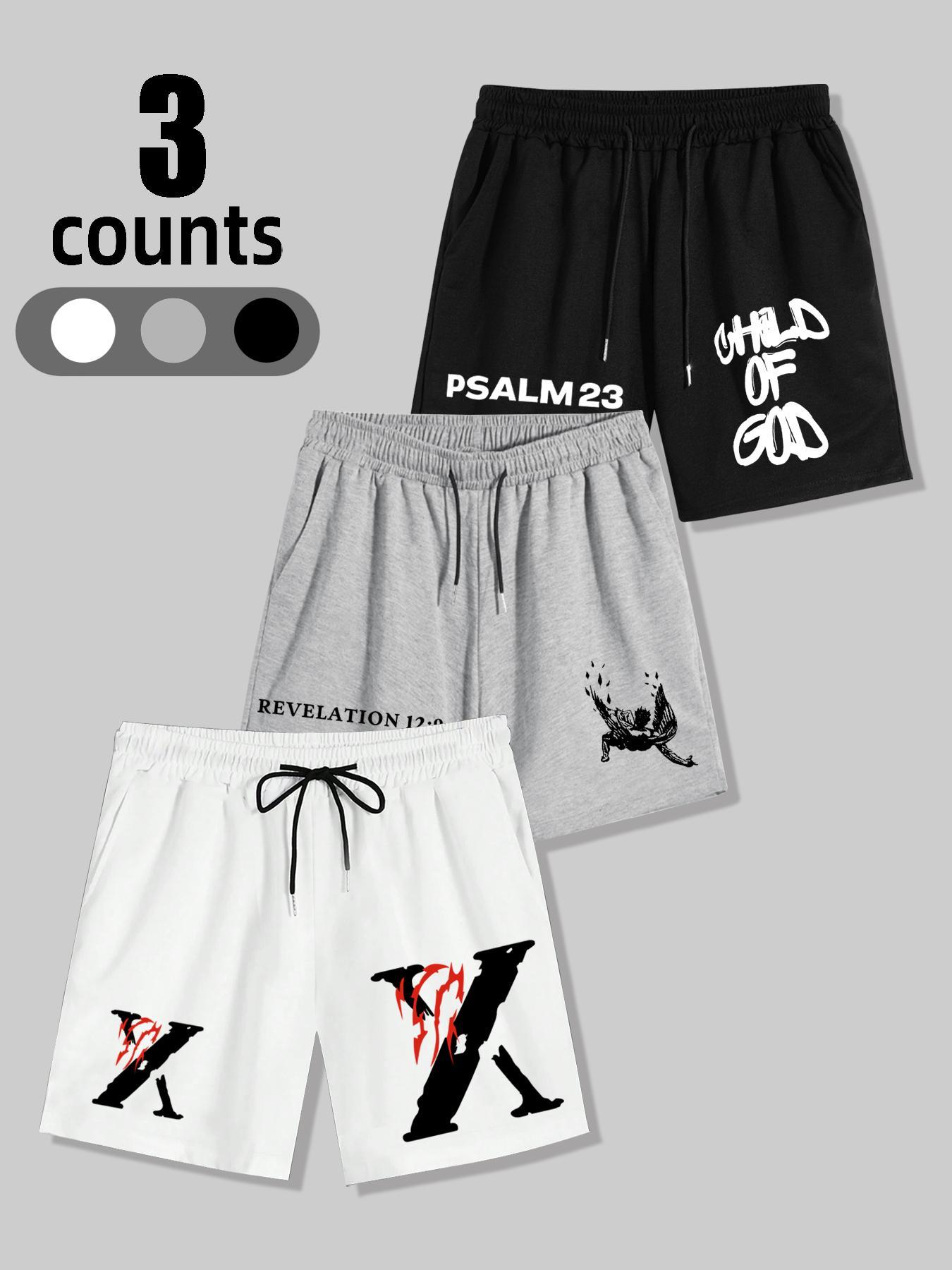 Men's Letter & Cross Print Shorts, Casual Loose Shorts for Summer, Men's Bottoms for Daily Wear, Shorts for Men, Clothing, Graphic Print Shorts