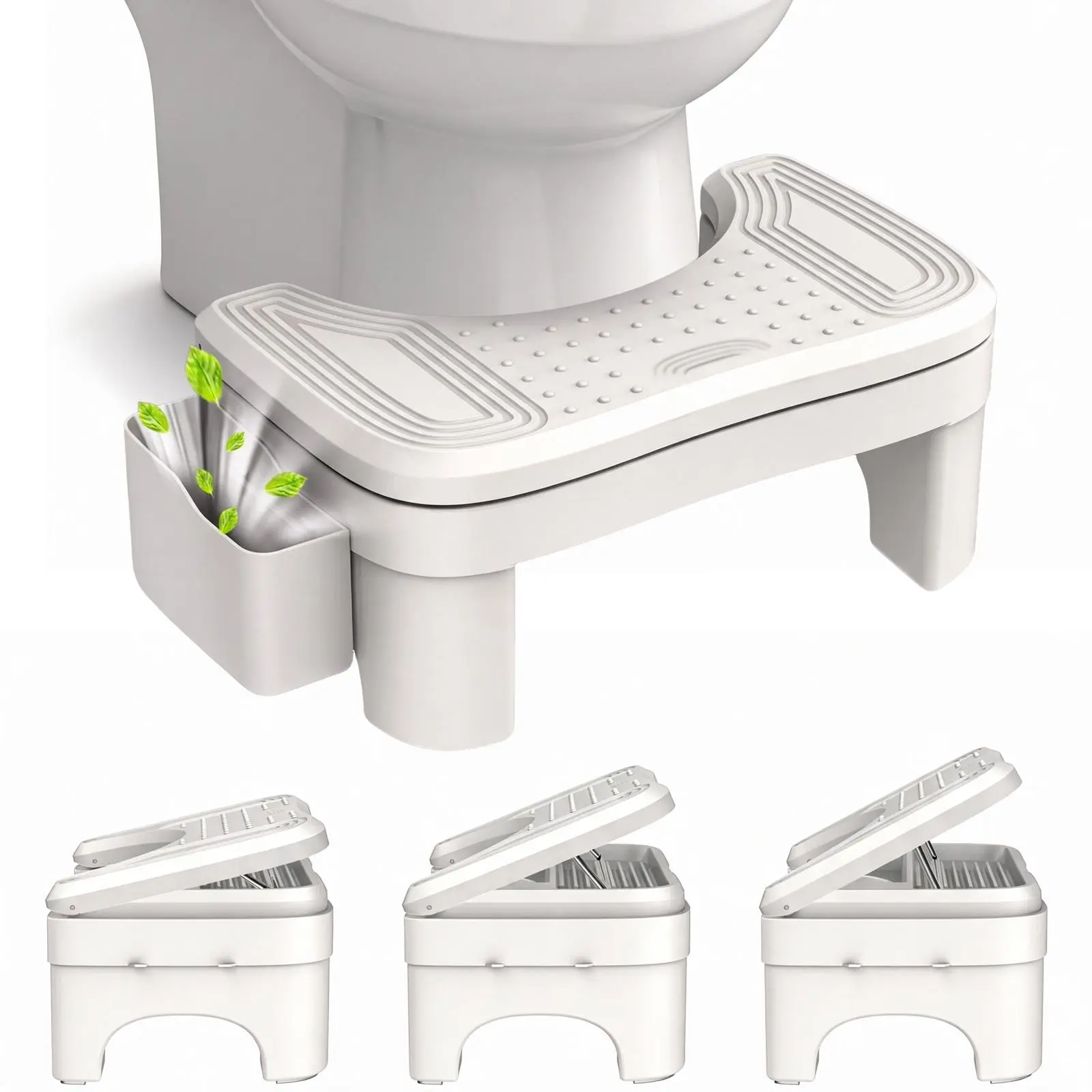 Toilet Stool Squat Adult, Compact Height Adjustable Poop Stool for Bathroom with Storage Box, Portable Non-Slip Potty Step Stool for Adults, Squatting Posture & Bowel Health Support, Easy to Clean, White