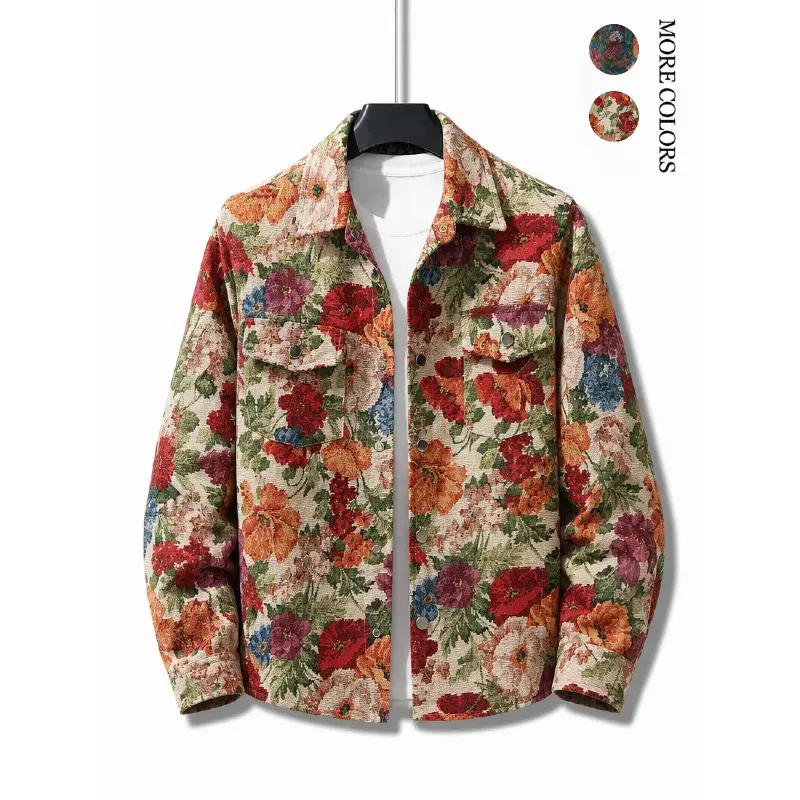 Vintage Floral Jacquard Shirt Jacket Men High Cotton Retro Flower Pattern Shacket Streetwear Coat