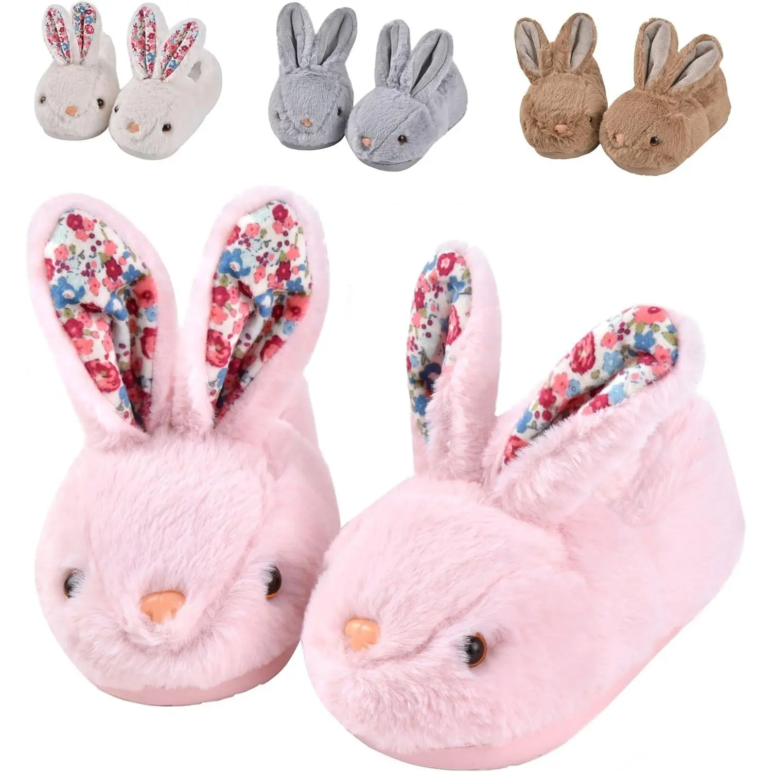 Toddler Non-Slip Soft Plush House Shoes - Animal-Themed (Dinosaur, Rabbit with Rabbit Ears), Round Toe, 1 Size, Warm Indoor Winter Bedroom Footwear for Boys & Girls, Bunny, Home