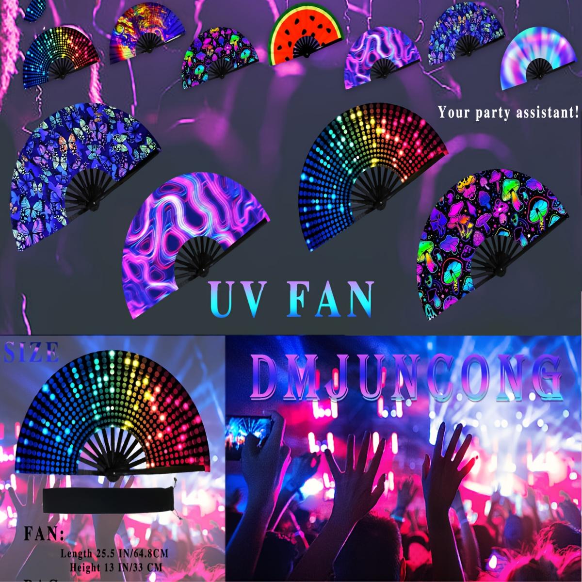 13-Inch 4D printing Neon Birthday Party Fan Blue/Silver/Rainbow/Pink/Black Glow Neon Holo graphic Hand Fan with Water-Resistant, Sweat-Proof Coating Perfect for Music Festivals, Nightclubs, Raves, Outdoor Parties & Hot Weather Events (Vibrant Neon Style)