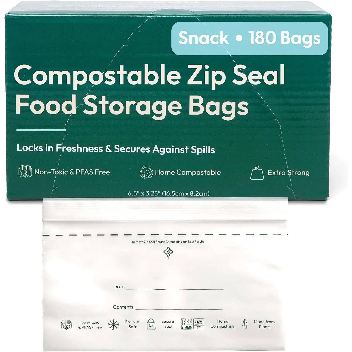 Snack Compostable  Storage Bags, 180 Count | Certified  Compostable &  |  &  Zipper Bags | Leak-Proof & Resealable | 6.5"x 3.25"