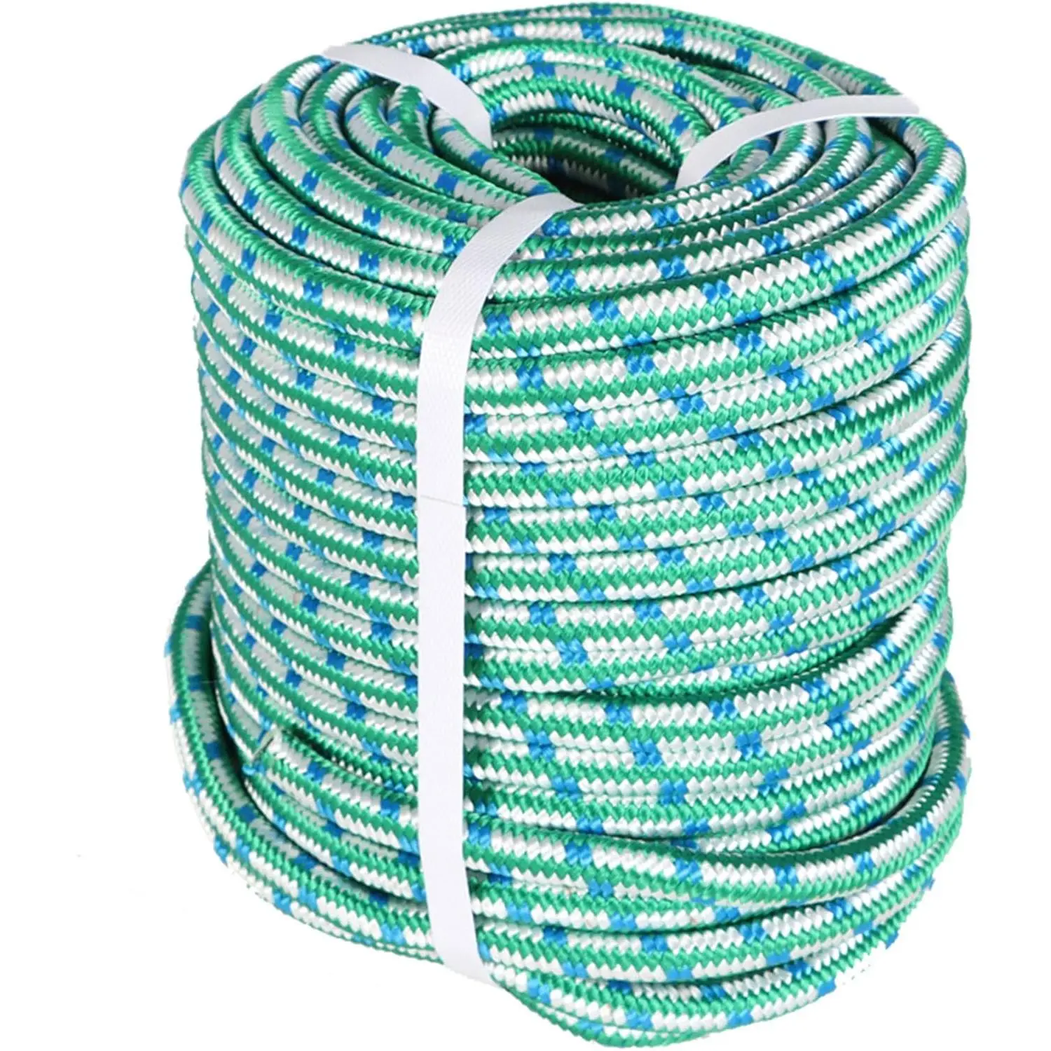 1/2 in 150 Ft Double Braided Polyester Rope, 16-Strand Polyester Arborist Tree Rope Heavy Duty Rope Thick Rope for Hiking, Camping, Lanyard Etc Green/White/Blue