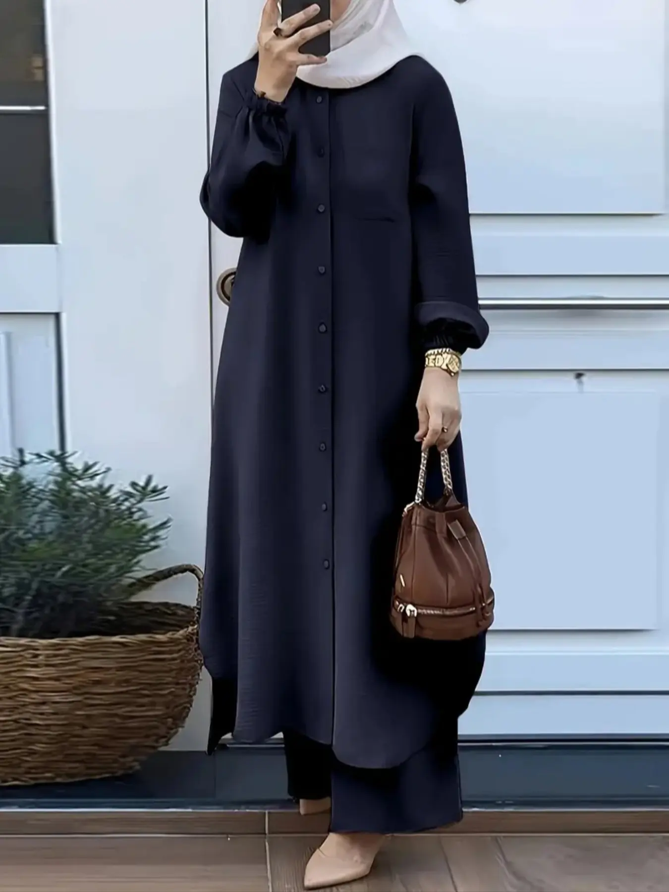 Muslim Women's Arabic Style Two-Piece Set, Long Sleeve Shirt and Pants, Casual Loose-Fitting for Spring and Fall