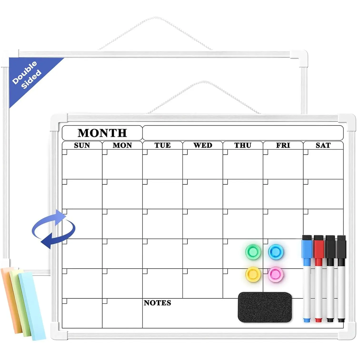 Monthly Whiteboard Calendar for Wall, Small 16" x 12" Dry Erase Board with Plastic Frame,  Dry Erase Calendar with 3 Mini Sticky Notes for Kitchen Planner, Memo,  and Office