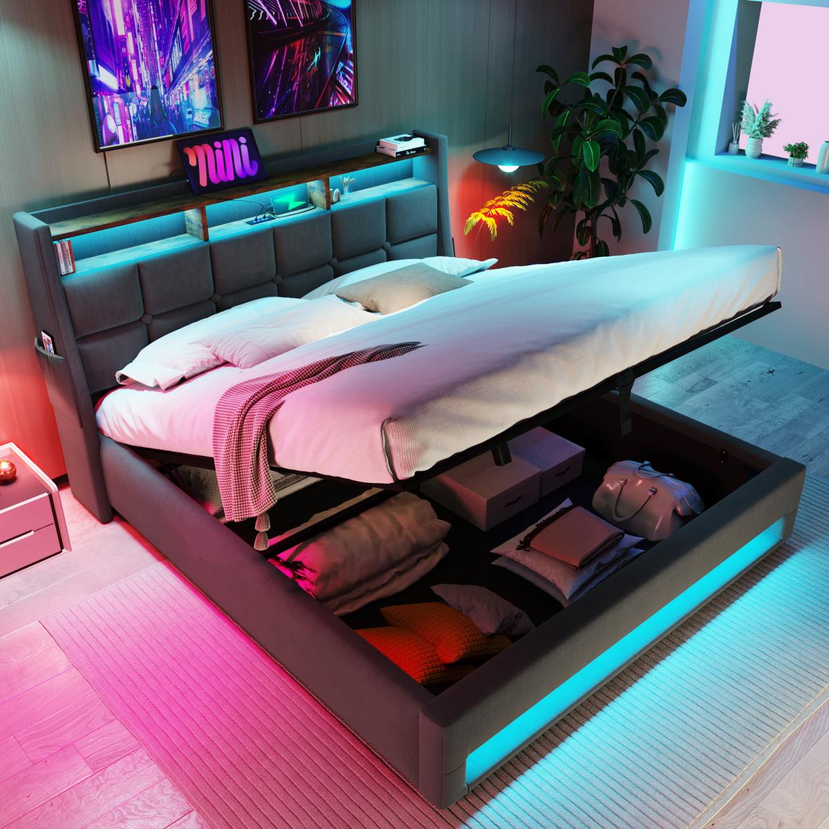 Soft padded platform bed with hydraulic storage system, LED and USB charging, natural (without mattress) Soft padded platform bed with hydraulic storage system, LED and USB charging, natural (without mattress)