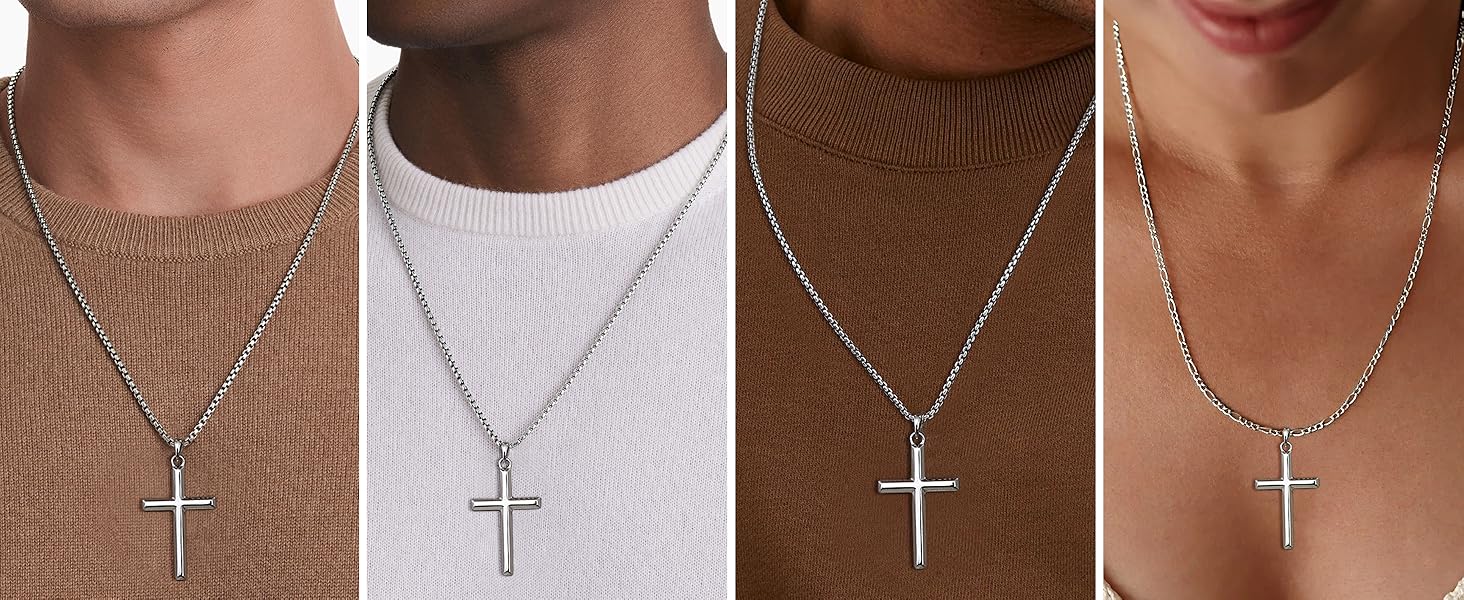 MILACOLATO Solid 925 Sterling Silver Cross Necklace for Men Women, 2mm Diamond-Cut Sterling Silver Chain with Cross Pendant Beveled Edge for Men, Silver Crucifix Cross Necklace Jewelry 16-24 Inches (Cuban Chain/Figaro Chain/Wheat Chain/Rolo Chain)
