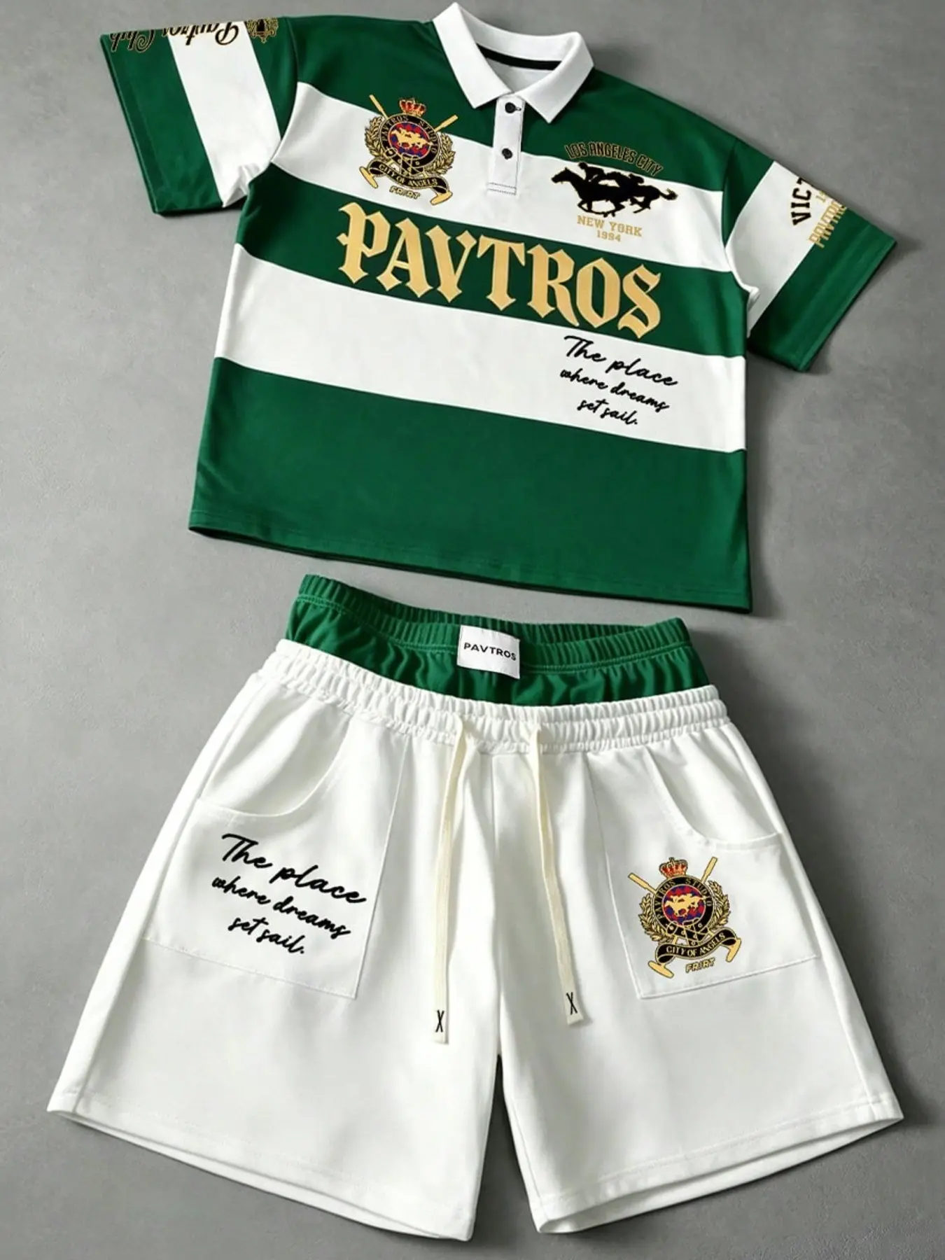 Contrast Polo Shirt + Matching Shorts, Badge Print Vintage Style, Perfect for Casual Wear, Stylish and Unique Look