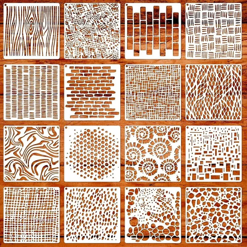16-piece reusable geometric stencil set, suitable for wood, flooring, rock painting, and card making,includes various shapes and patterns (round, square, triangle), can be used for DIY crafts, furniture and flooring layering design, and painting creation