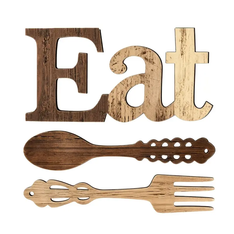 3-Piece Vintage Country-Style Wooden Dining Wall Decor Signs - Farmhouse Kitchen Wall Art Featuring Tableware and an 'Eat' Sign, Ideal for Rustic Decoration of Homes, Restaurants and Dining Areas, Home Decor Products