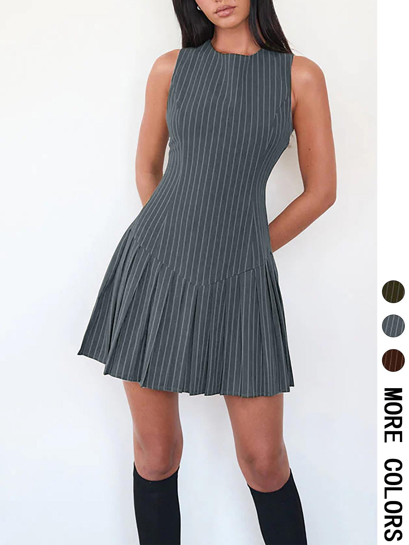 Women's Striped Print Pleated Dress, Casual Fashion Dress for Daily Outdoor Wear, Ladies Clothes for All Seasons