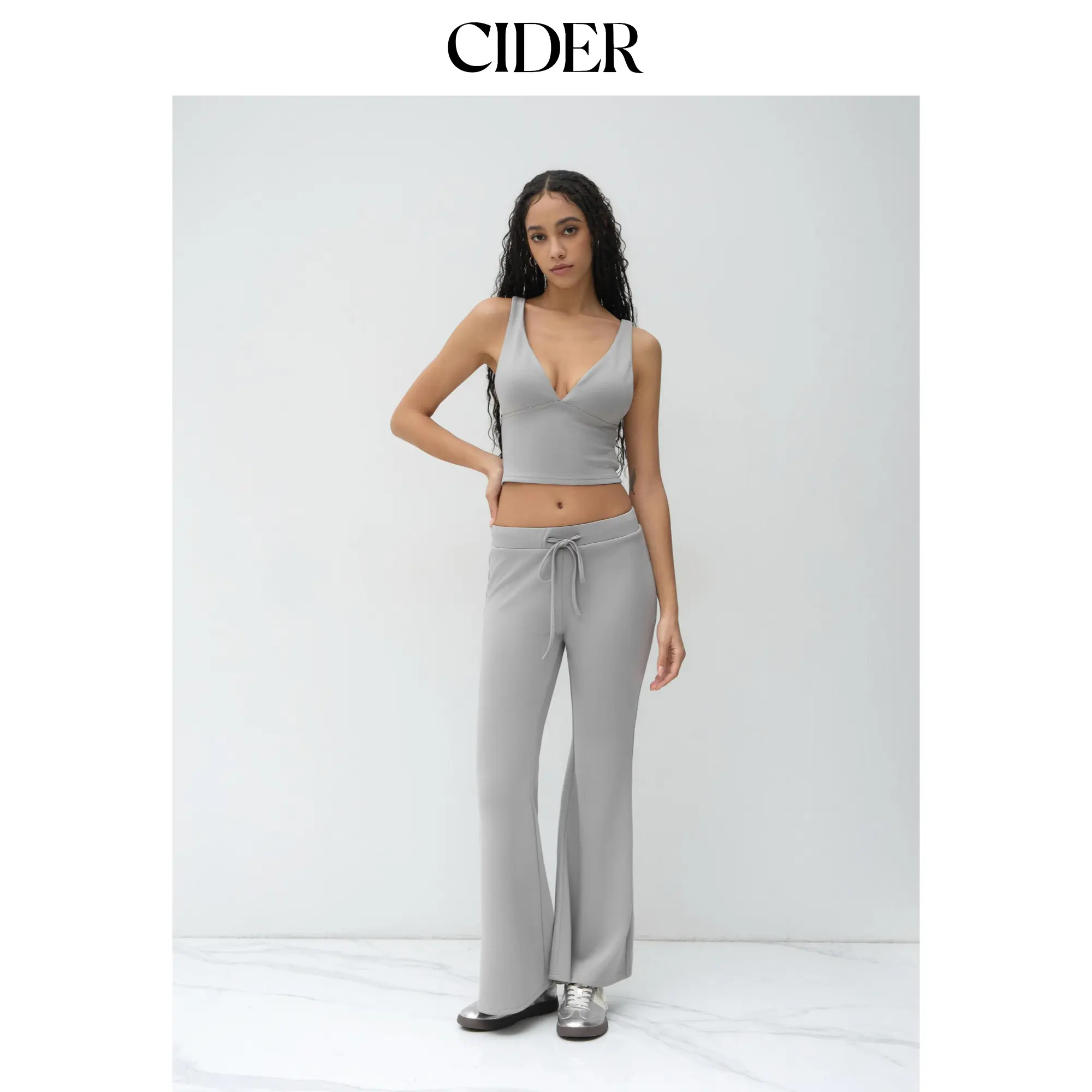 Cider V-neck Crop Tank Top & Low Rise Elastic Waist Flared Trousers