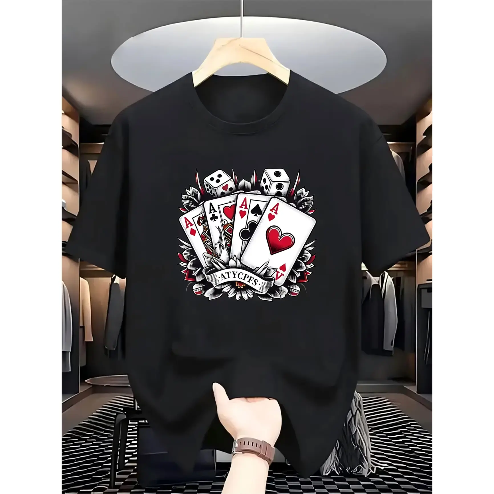 Four Aces Poker Card Dice Tattoo‑Style Printed Craft Tee, Soft Cotton Short Sleeve Top, Edgy Vintage Fashion Outfit For Men Women Poker Casino Enthusiasts, Cool Valentine's Day Gift For Him Her, Party Daily Street Wear