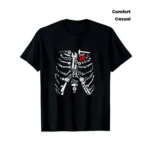 Men's Mechanical Skeleton and Tools Graphic T-Shirt - Automotive and Enthusiast Design with Wrench and Socket Patterns, Black with Red Accents, Crew Neck and Short Sleeve Casual Wear for Mechanics, Craftsmen, and Craftsmen - Comfortable Fit for All Season