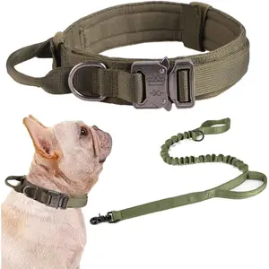 Tactical Dog Collar and Leash Set Adjustable Military Nylon Dog Collar with Control Handle and Heavy Duty Metal Buckle for Large Dogs（Green S