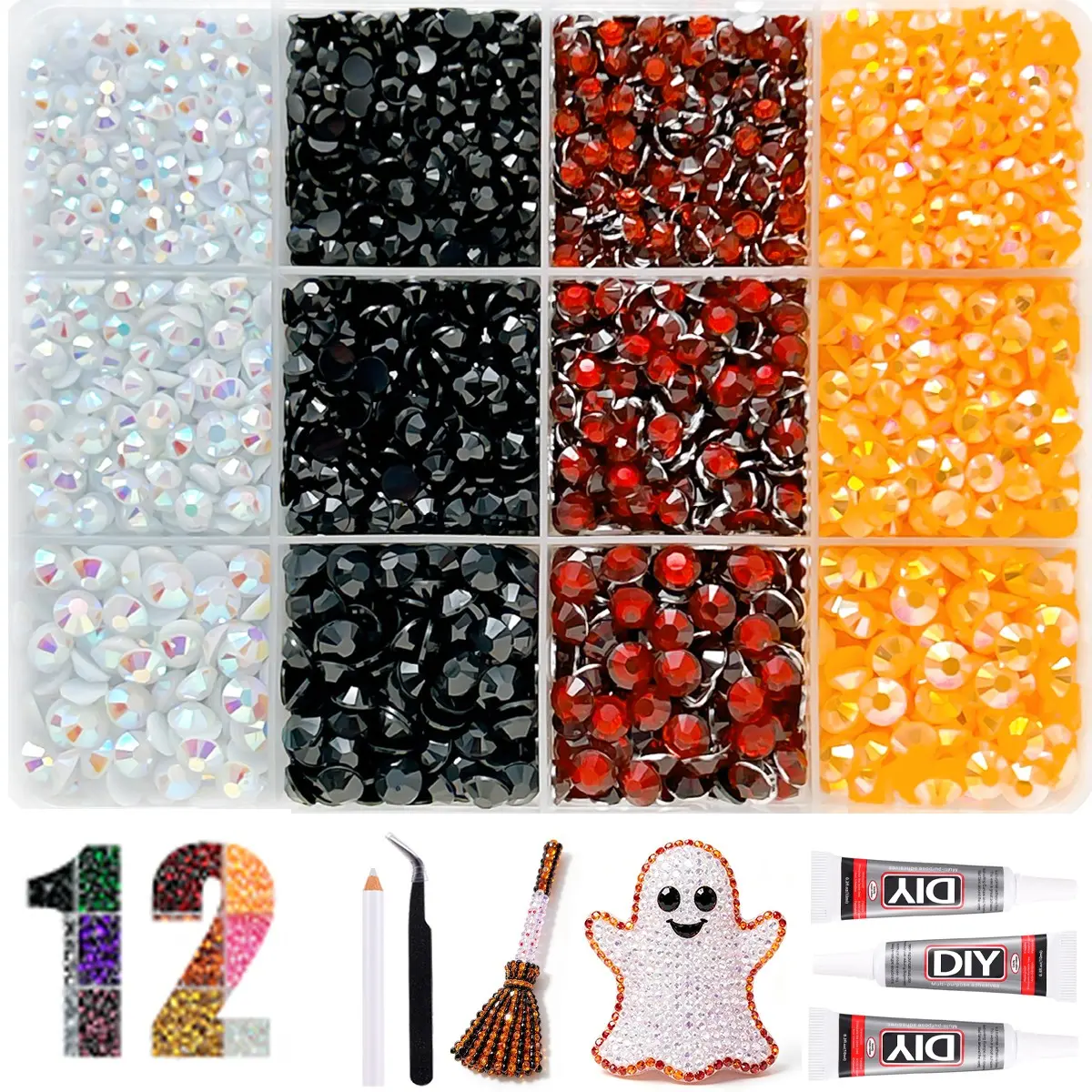 Halloween Nail Rhinestones Kit Black Red Orange Crystal AB Gems Flat Back Nail Art Decorations DIY Crafts Phone Case Accessories with Tools Nail Rhinestones Kit 。 DIY Nail Art。 Jelly Rhinestones /Bedazzling Kit/Diamong Art，Book Cover，Tumbler。Bling Kit
