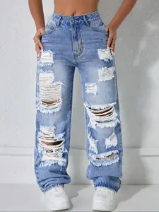 16215# Spring Fall New Elegant Street Style Trendy Versatile Ripped Women's High Waist Loose Fit Plain Denim Long Pants