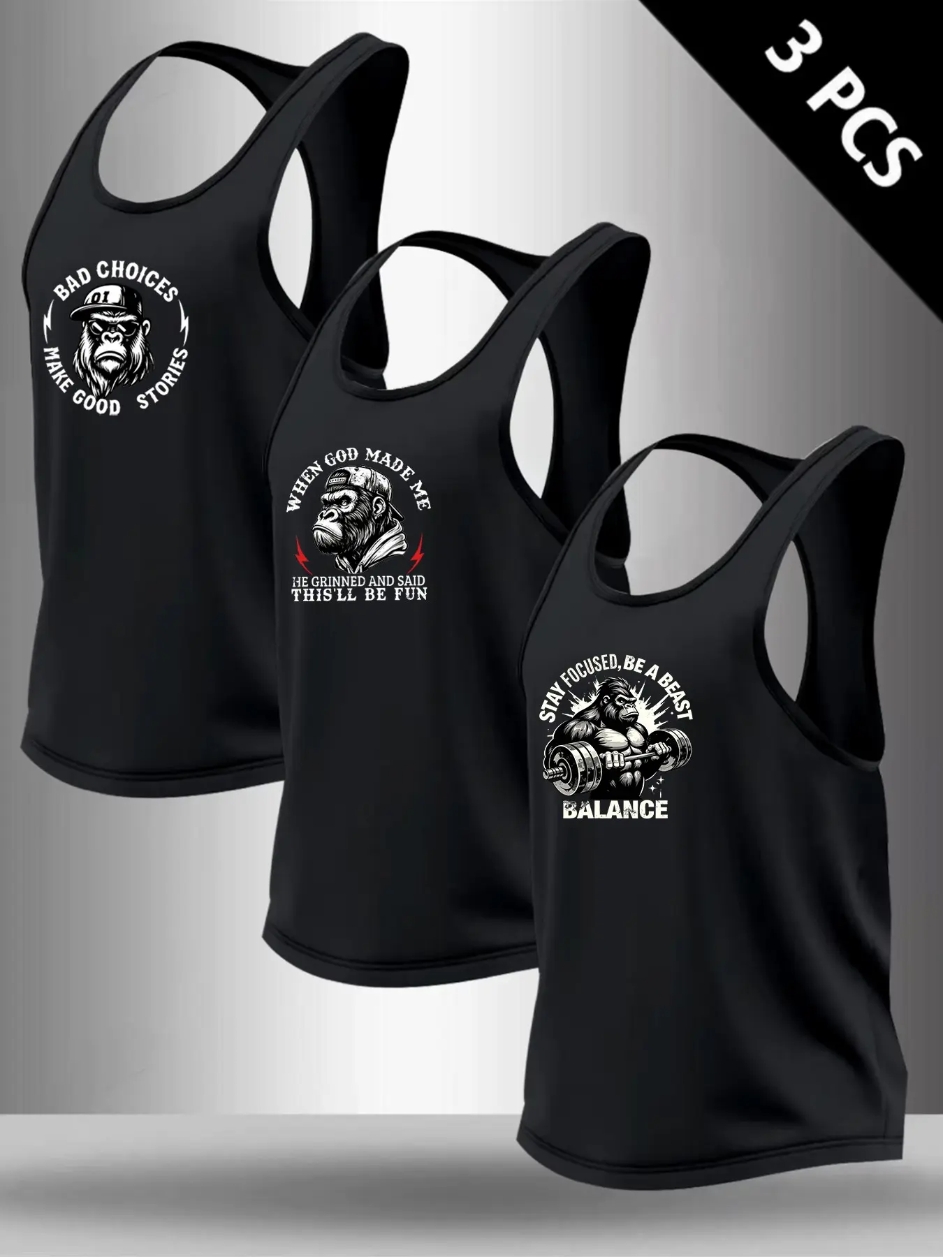 3-Pack Summer Gorilla Fitness Tank Tops, Sleeveless Sports Vest, American Hardcore Streetwear, Men's Strength & Discipline, Gym & Casual Wear