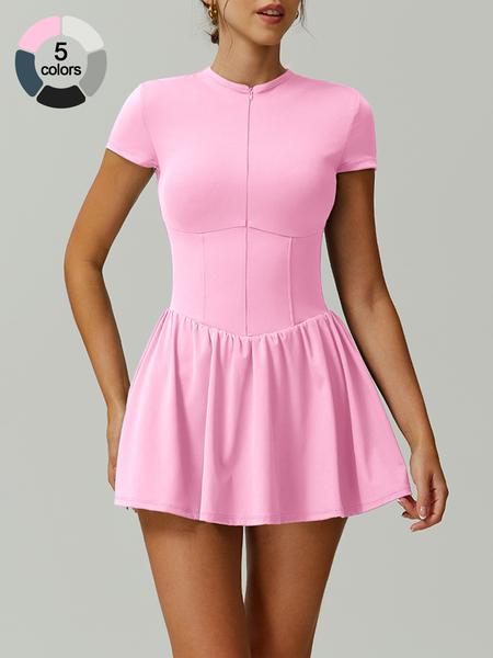 Women's Sporty Zipper Waist Golf Tennis Dress Skirt, Above Knee Tight-Fit Short Sleeve Summer with Storage Pockets Golf Athletic Dress