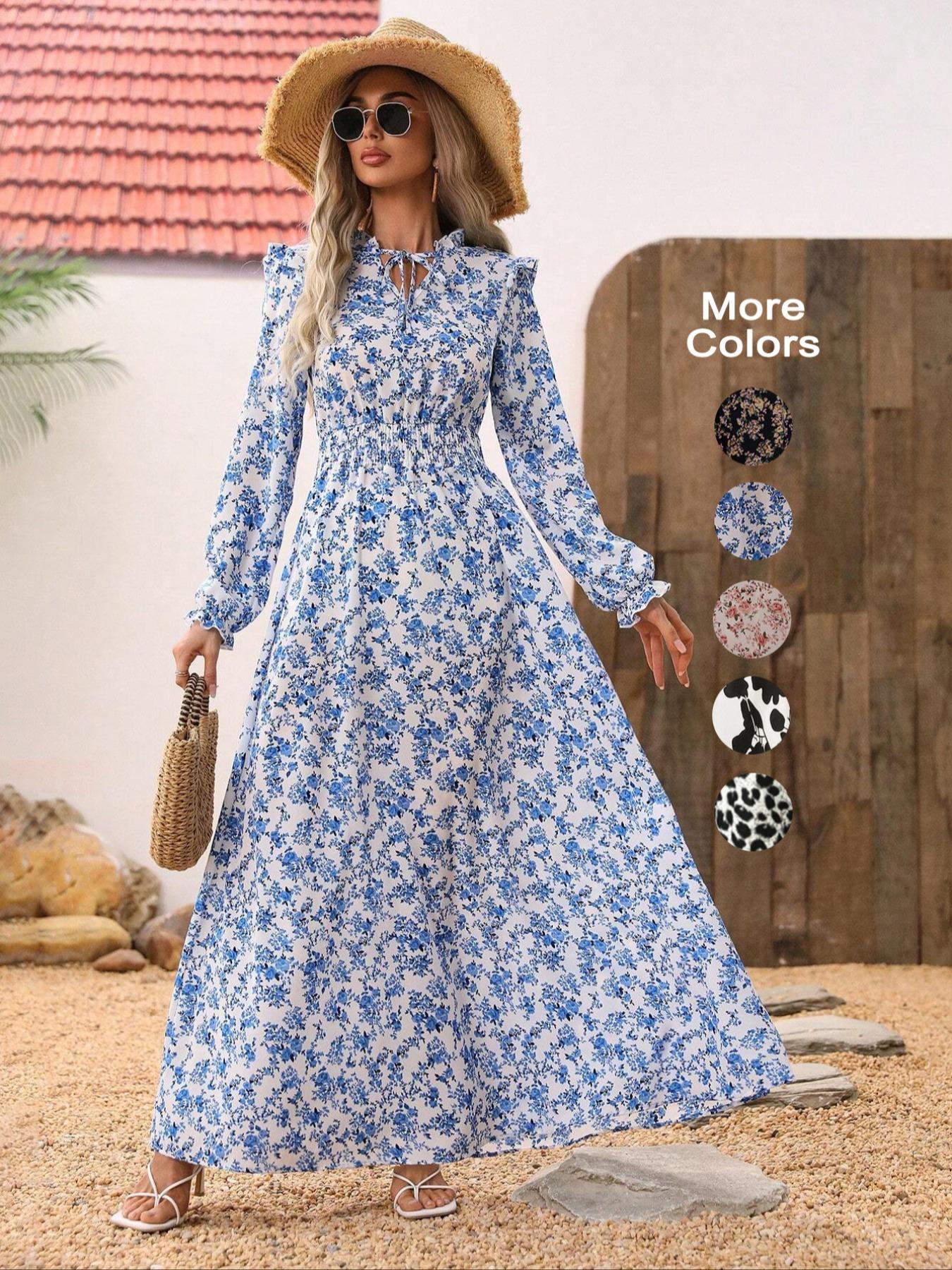 Women's Floral Print Self-Belted Neck Dress, Spring & Fall Long Sleeve A-Line Maxi Skirt, Boho Elegance Style, Slimming Set